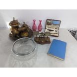 A mixed lot to include a boxed manicure set A/F, brass tea set and tray, glassware bowl, vintage
