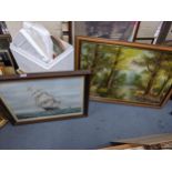 Pictures to include two river scenes, oil on canvas, a galleon and a print Location: