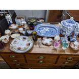 Ceramics to include a pair of Dutch Delft blue and white candlesticks, a tea set, two porcelain