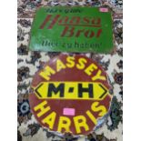Two late 20th century enamel advertising sign to include 'Massey Harris' 30.5cm d and 'Hansa Brot'