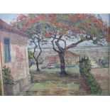 Jose Maria de Almeida - Flamboyants - view of a tree by a cottage looking over a township, oil on