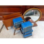 Small furniture to include a stool, an oval mirror and early 20th century Westminster chime mantel