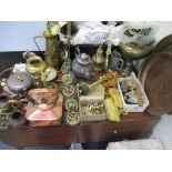 A mixed lot of brassware to include scales mounted on a mahogany base, copper kettle, various