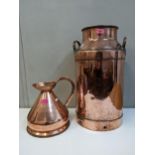 A copper plated mil churn, 57cm h and a copper measuring jug Location: G