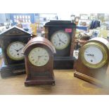 Two late 19th century black slate and marble mantel clocks, an oak cased mantel clock, and a John