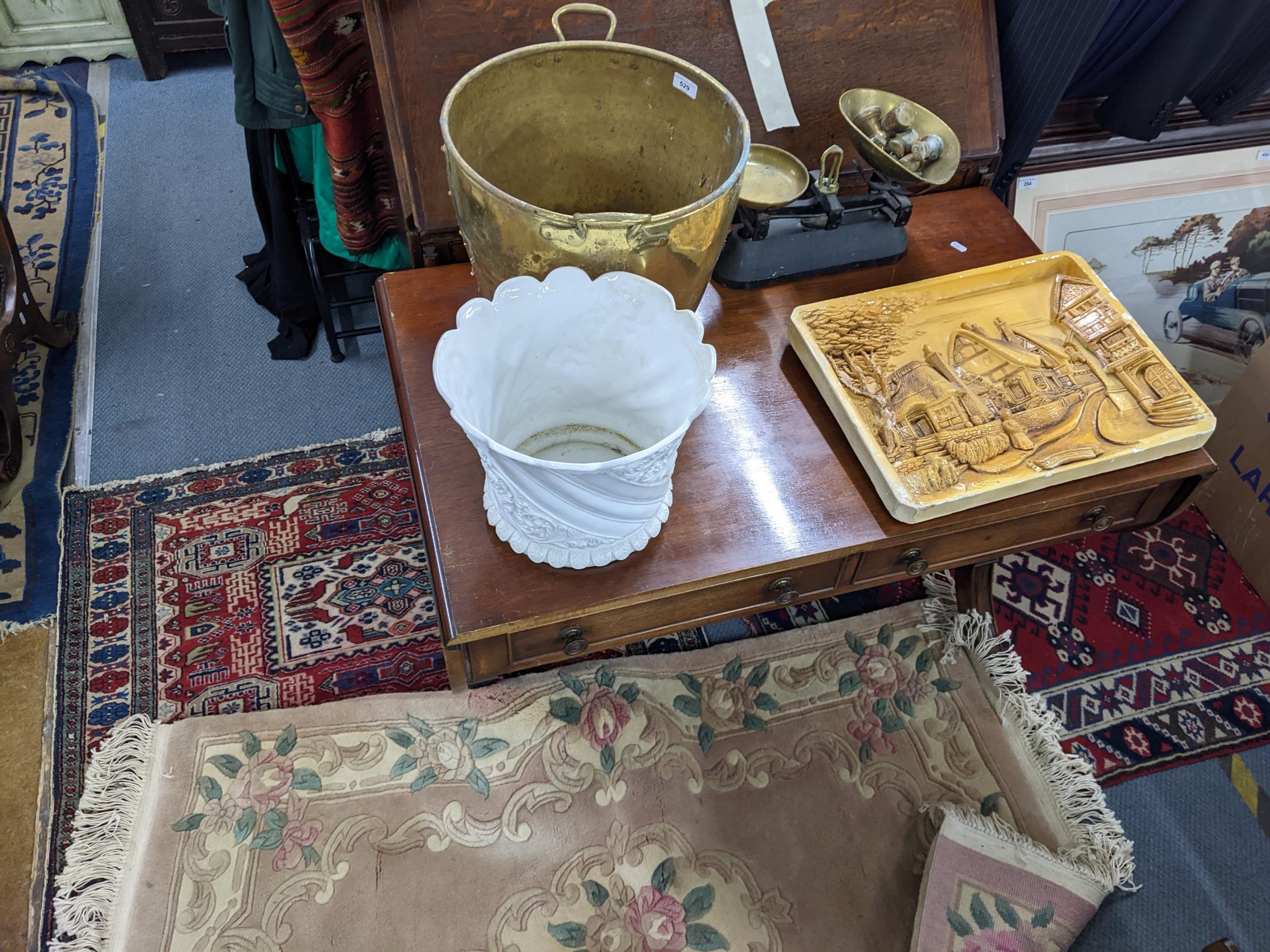 Metalware to include vintage kitchen scales, a brass bucket, along with a plaster plaque, china