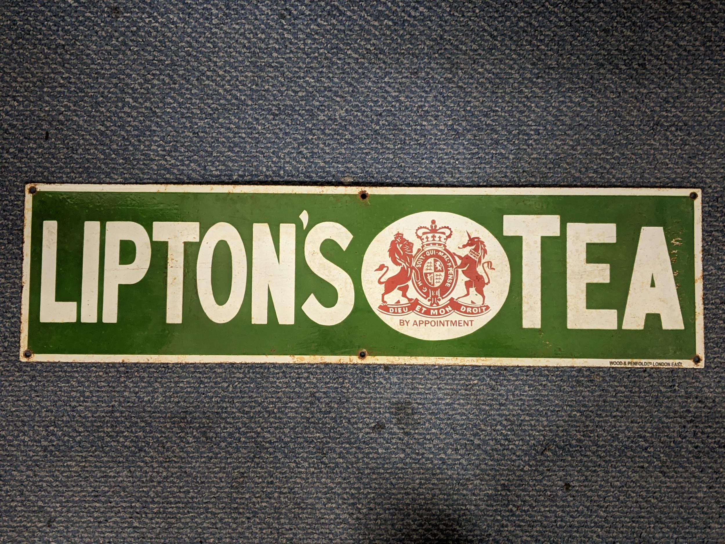 A late 20th Century 'Liptons Tea' enamel advertising sign, 72.5cm x 19cm Location: