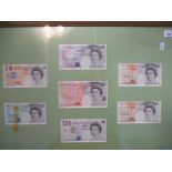 A framed and glazed group of uncirculated £5, £10, £20 and £50 bank notes to include a Kentfield £50