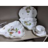 Herend Rothschilds Birds china to include two leaf-shaped serving dishes, a shaped oval dish, and