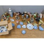 Ceramics to include a Nao figure, Wedgwood, Jasperware, Toby jugs, a thimble collection and other