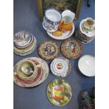 A mixed lot of ceramic plates, wall chargers, wash bowl and jug, chamber pots, and other items to