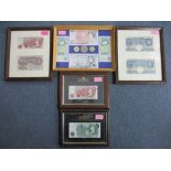 A group of framed and glazed British banknotes and coins to include a £10, £5 and £1 note montage