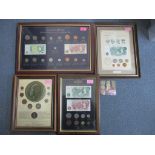 A group of framed and glazed displays of British coins, banknotes, and stamps to include Ancient