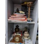 A mixed lot to include an Art Deco oak cased 8-day mantel clock, CD's, table lamps (need