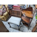 Small 19th/20th century furniture comprising a corner washstand, a stool and a towel rail Location: