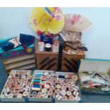 A Retro concertina sewing box and contents, mixed wooden and other cotton reels to include Sylko,