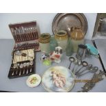 A mixed lot to include Royal Staffordshire, stoneware flagon, cutlery and other items Location:
