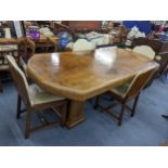 An Art Deco walnut veneered Epstein style octagonal topped twin pedestal dining table, 77.5cm h x