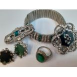 Vintage silver tone and white metal costume jewellery with green and white cabochons, to include a