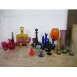 A collection of Victorian and later coloured art glass to include an amber Empoli decanter and