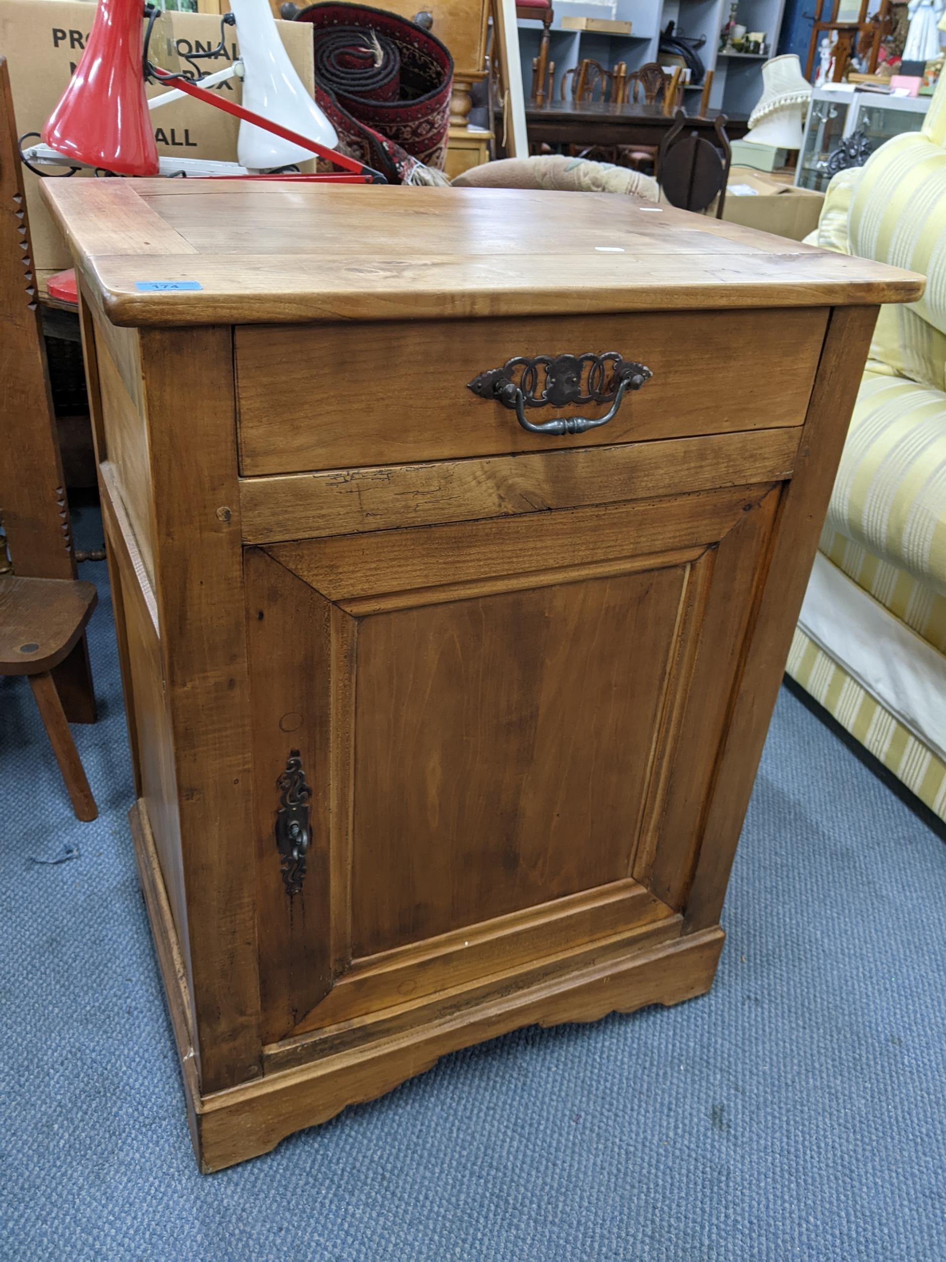 A vintage French jam cabinet having a single drawer above a panelled door, 89.5cm h x 67.5cm w