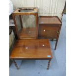 A Georgian mahogany bedside pot cupboard with 3/4 gallery top, a mahogany two tier wash stand, and a