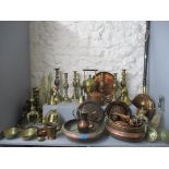 Mixed copper and brassware to include a pair of Queen of Diamonds candlesticks, tea kettle and