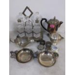 Mixed silver plate to include a cruet set, two bowls, one with a fox handle and the other a horse,