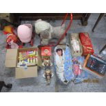 A collection of 1950s and later vintage toys to include a soft toy pull-along toy dog on tin plate