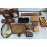 Mixed treen boxes to include a 19th century rosewood box, Mauchline ware cylinder box and others