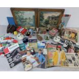 A mixed lot to include Oxo tins, model ornaments, vintage knitting and other magazines, British