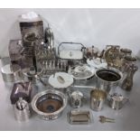 Mixed silver plated items to include a toast rack, butter dish, wine coaster and other items