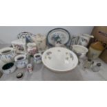 A mixed lot to include ceramic art deco cake stand, stoneware flagons, wash basin and other items,