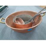 A Victorian copper jam pot, a Victorian copper saucepan and a ladle Location:
