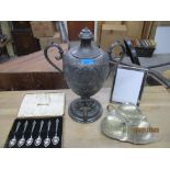 Mixed silver plate to include a late Victorian EPMB samovar with presentation inscription, a Carrs