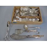 A collection of silver plated cutlery to include Kings pattern forks, spoons and knives, salad tongs