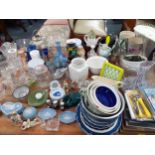 A large mixed household lot to include Wedgwood blue Jasperware, a blue Denby teapot, glassware to