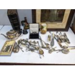 Silver plate to include a set of six coffee bean tea spoons, a tea pot, flatware and other items,