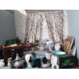 Mixed household items to include an early 20th Century part tea set, books, a wooden and beaded door