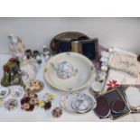 Ceramics, silver plate and a mirror to include a Royal Albert Old Country Roses vase, posies, dolls,