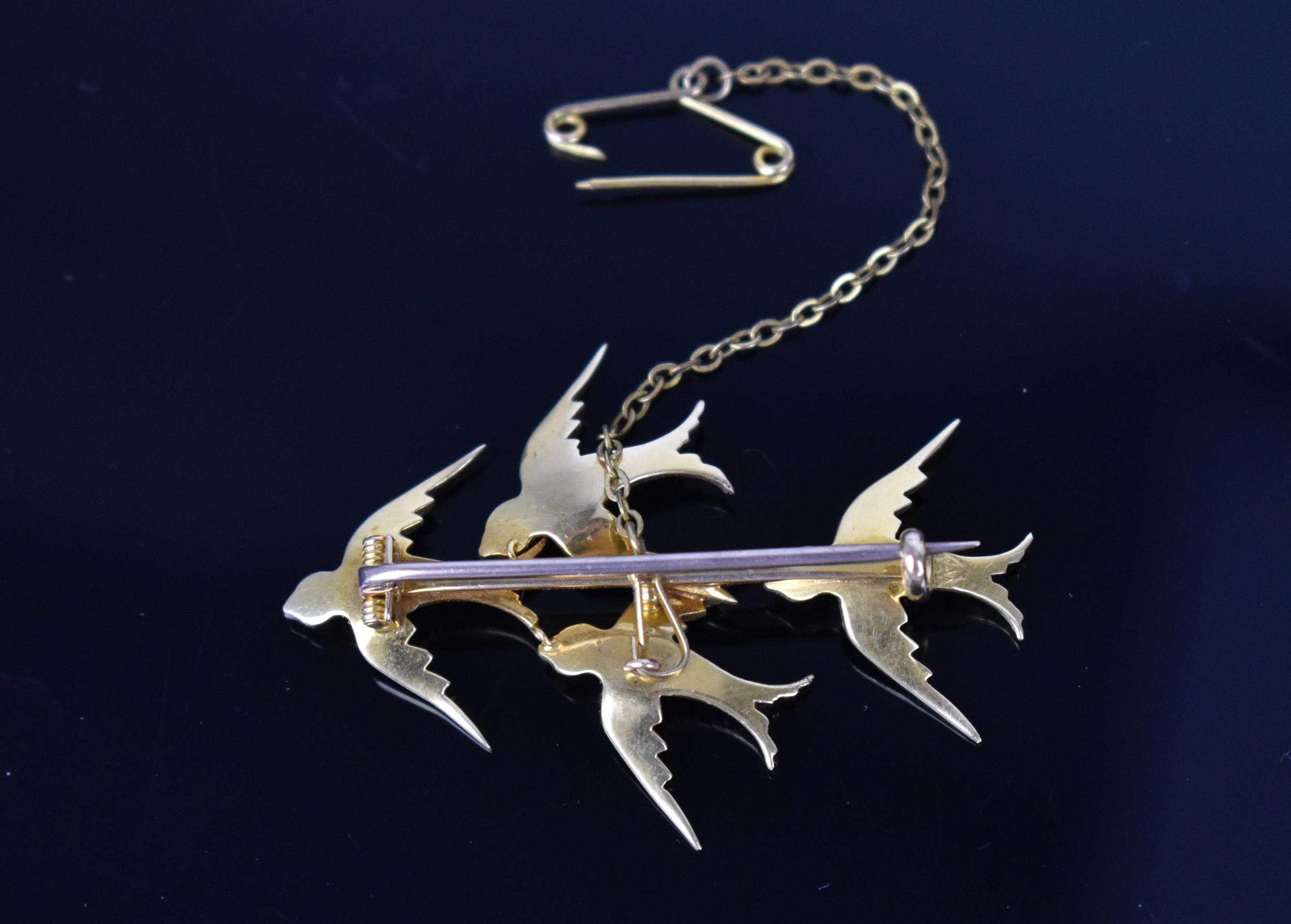 A 15ct yellow gold and seed pearl swallow brooch, probably Victorian, marked 15ct, with safety chain - Image 3 of 6