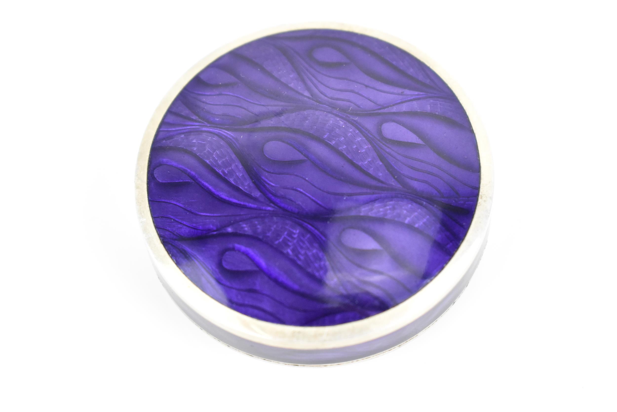 A modern British silver and enamel pill box, of circular form with purple wave pattern to the - Image 5 of 8