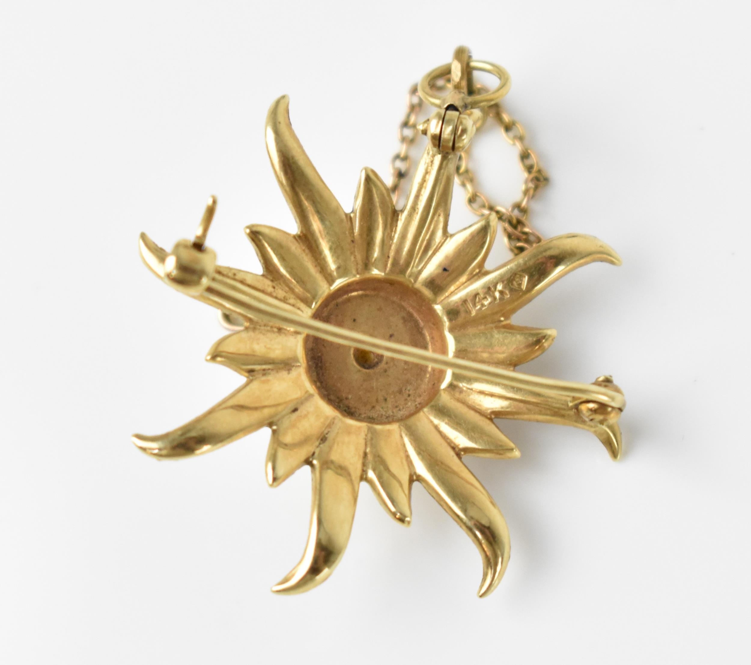 A 14ct yellow gold and seed pearl starburst brooch, inset with graduated seed pearls, stamped 14k, - Image 2 of 3