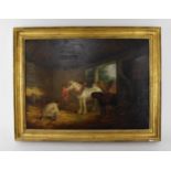 Manner of George Morland (1763–1804) British, depicting a stable scene with groomed horses by the