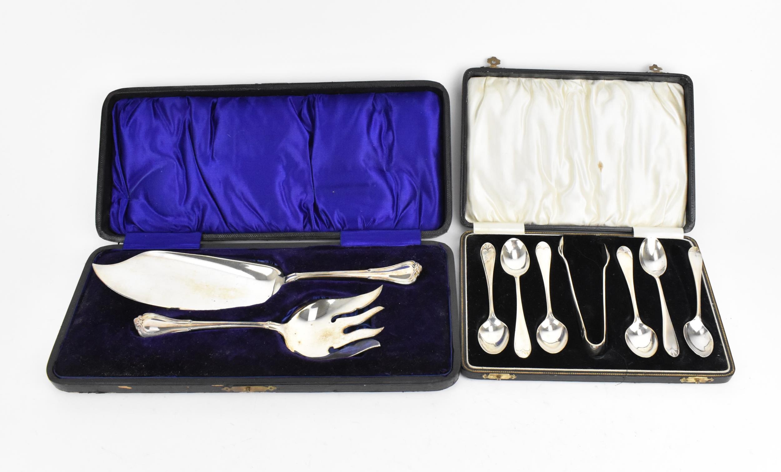 A cased set of sterling silver fish server and slice, together with a cased set of six silver