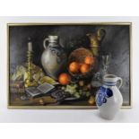 Peter F. Fuller (late 20th century) British depicting a still life with a basket of fruit,