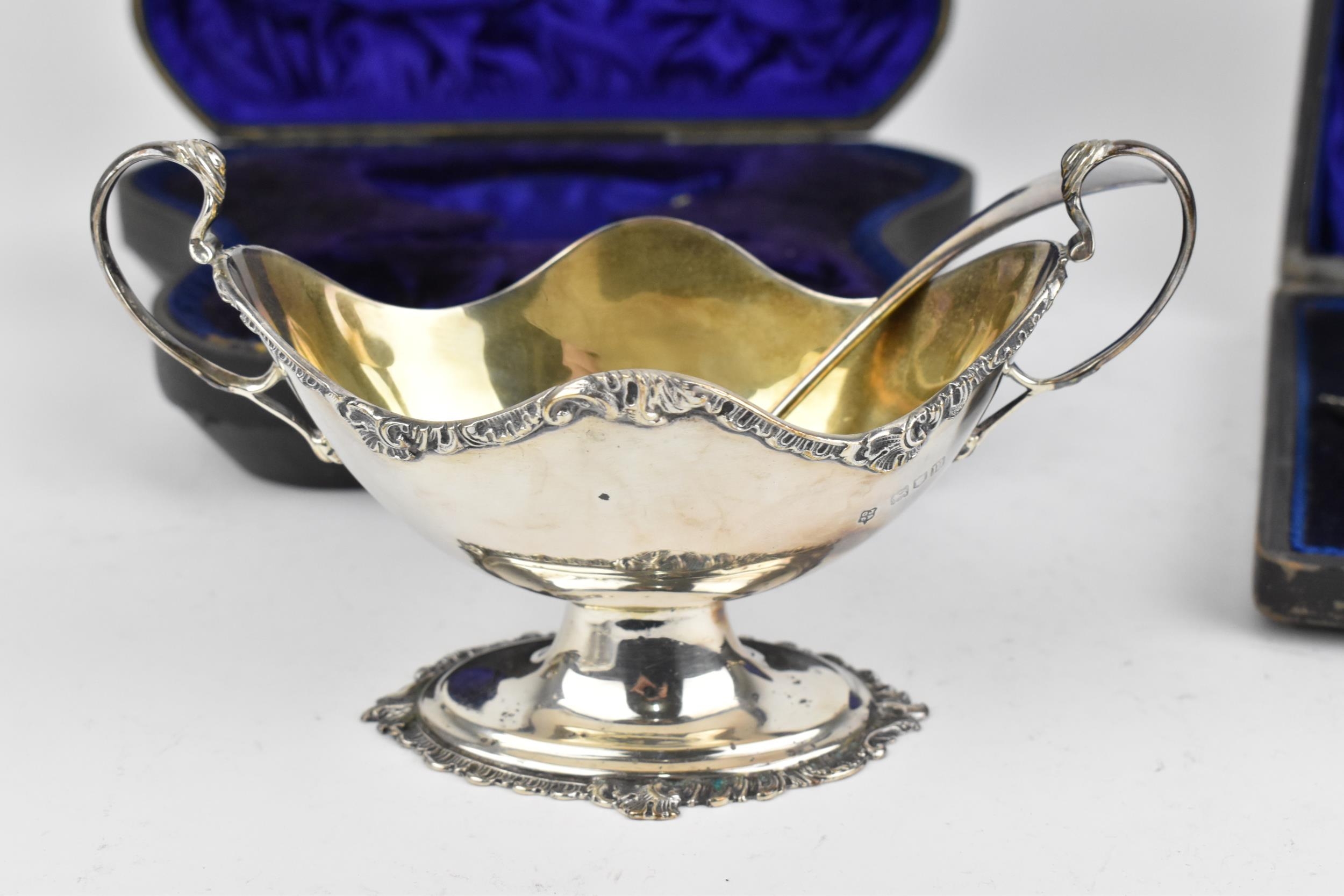 A cased set of Victorian silver salts, Sheffield 1896, with gadrooned rim, on ball feet, with four - Image 4 of 8