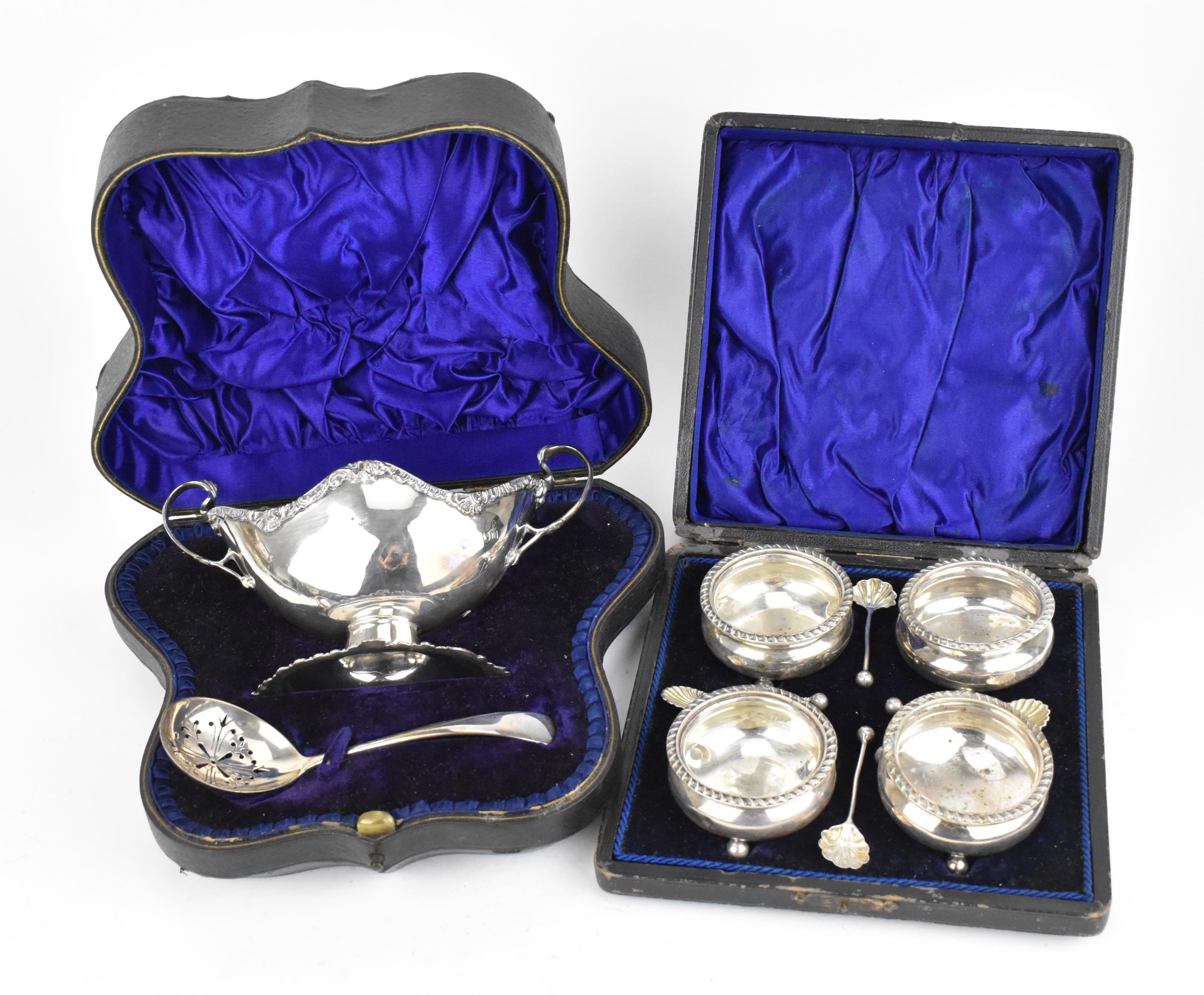 A cased set of Victorian silver salts, Sheffield 1896, with gadrooned rim, on ball feet, with four