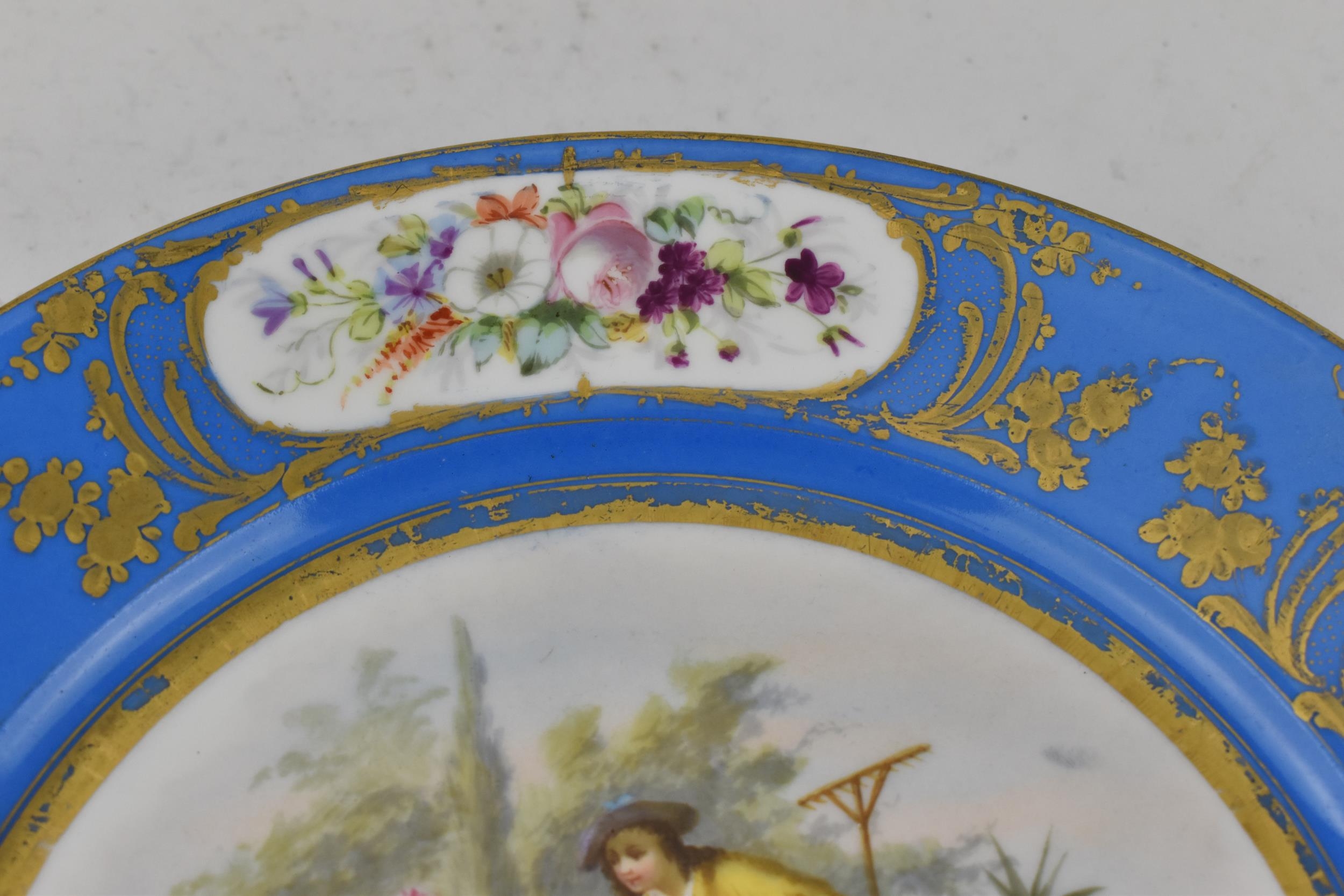 A late 19th century Sevres porcelain plate, with bleu celeste border, circa 1870s, the centre - Image 3 of 8