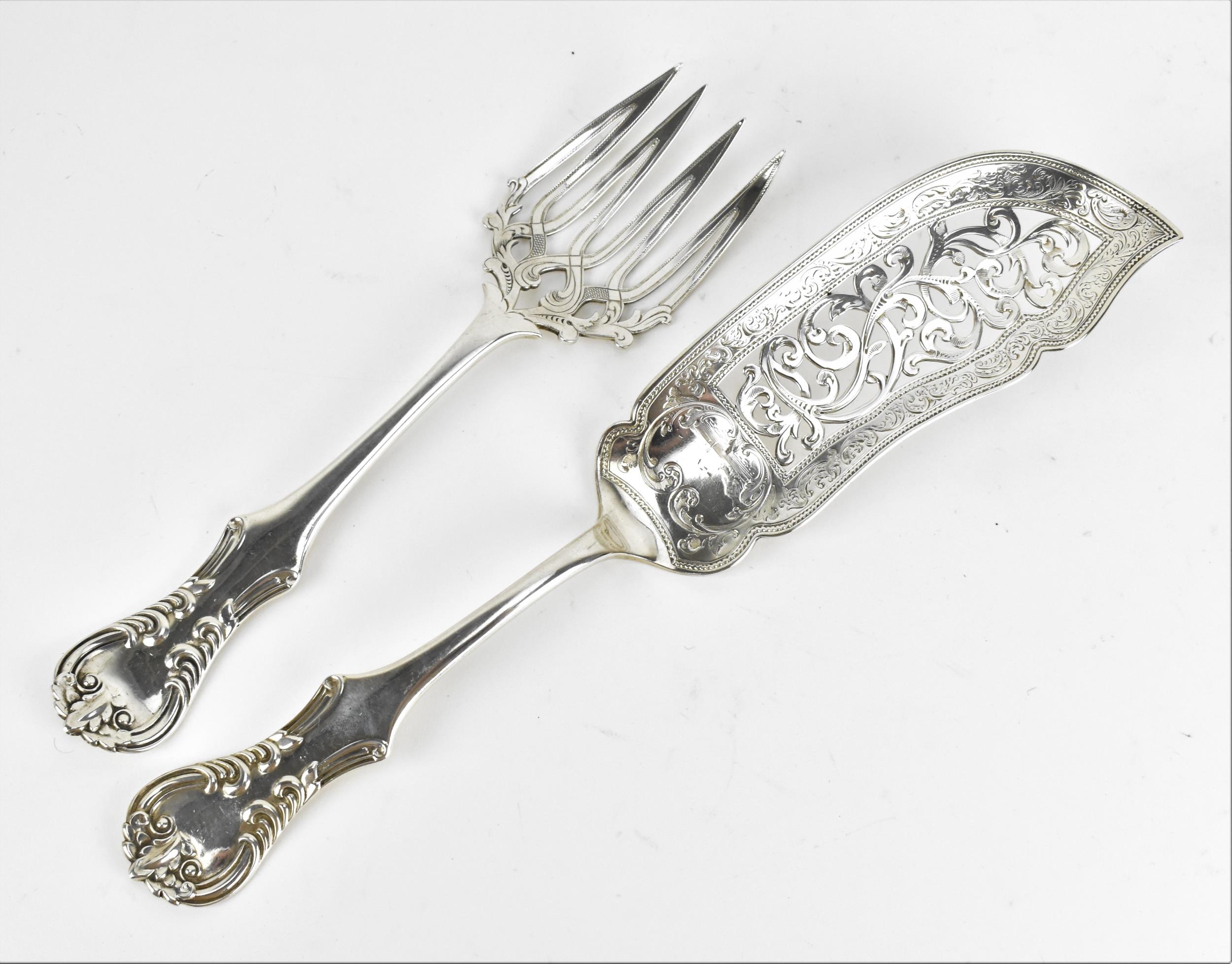 A pair of Victorian silver fish servers by William Rawlings Sobey, Exeter 1850, both with pierced